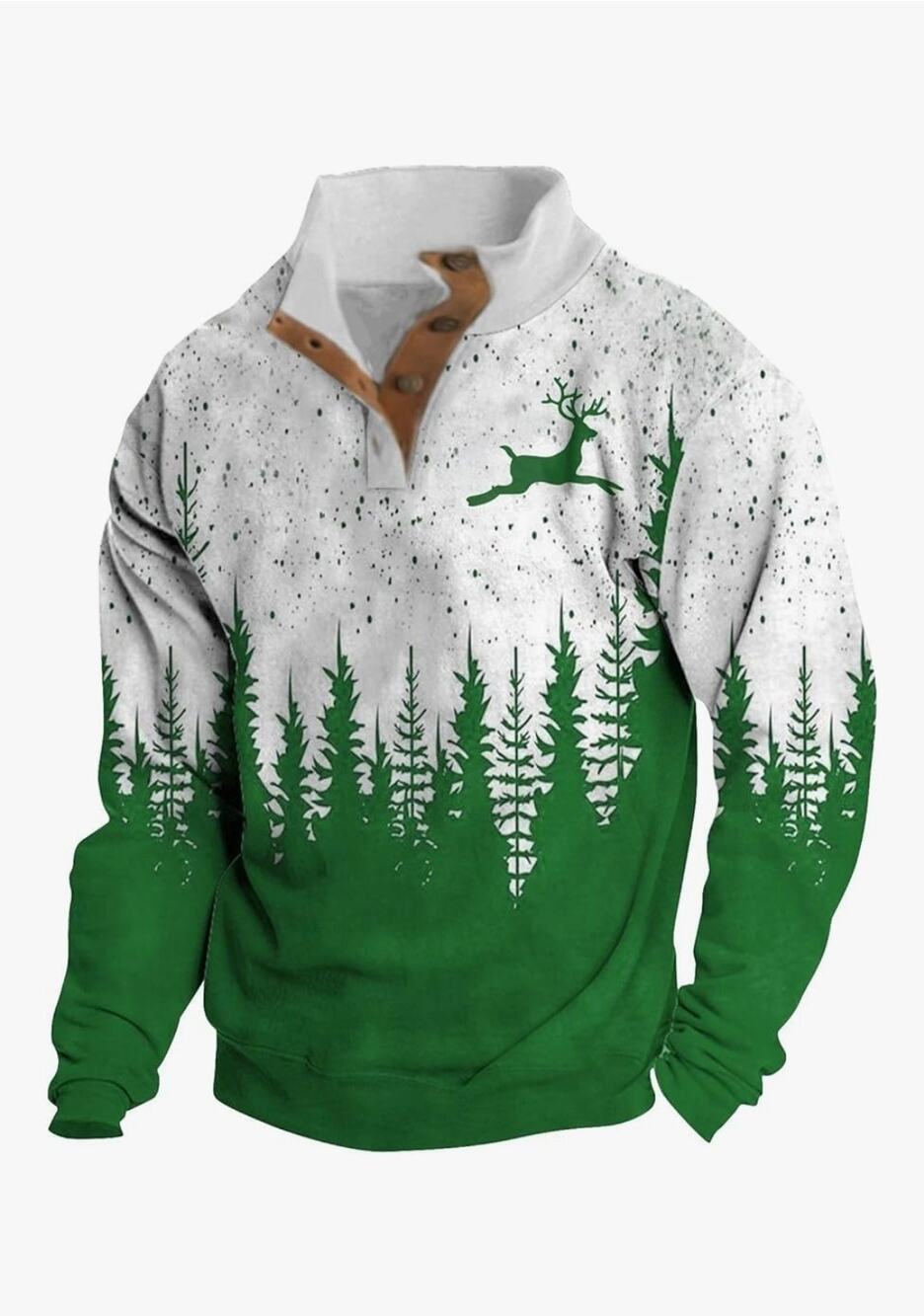 Men's M Winter Christmas Tree Collared Sweatshirt Green White Holiday